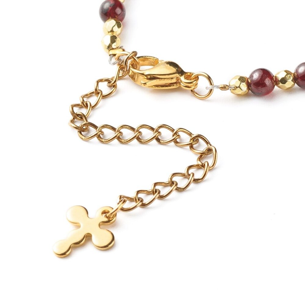 Dainty Cross W Pave Cz & Natural Garnet, Adjustable Gemstone bracelet HANDMADE - Picture 6 of 6